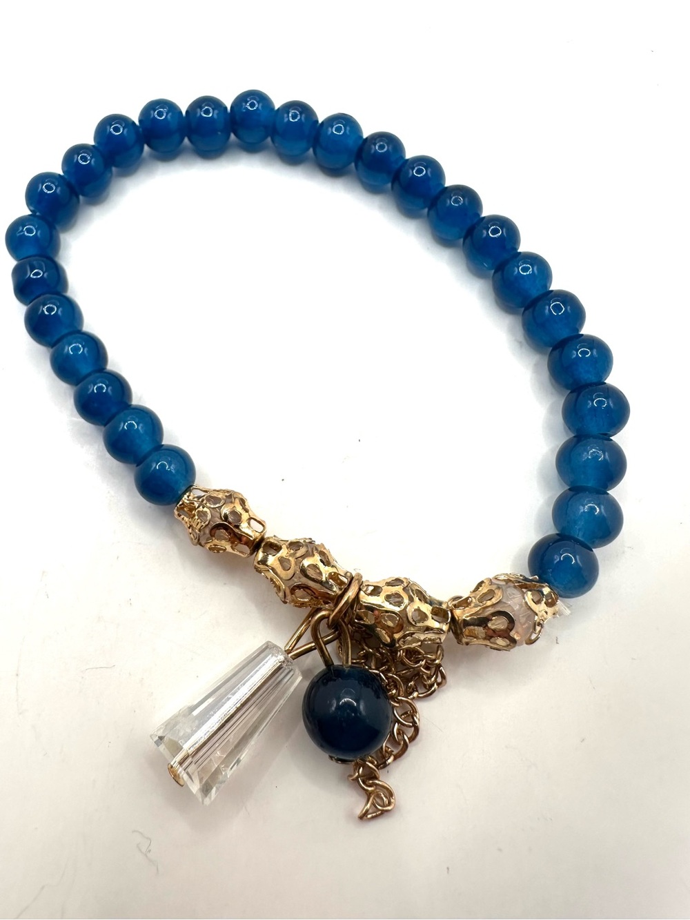 Fashion: Blue Beaded Charm Bracelet with Gold Accents